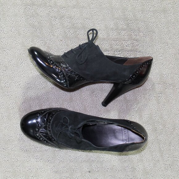 Vtg Harold's Womens Size 9.5M "Milton" Black Patent and Suede Lace Up Heels - Picture 1 of 10